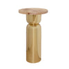 HOURGLASS BRASS BASE SIDE TABLE WITH ROUND BURL WOOD TOP