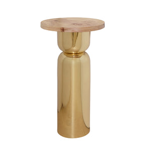 HOURGLASS BRASS BASE SIDE TABLE WITH ROUND BURL WOOD TOP