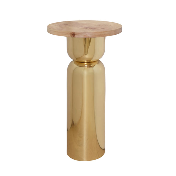 HOURGLASS BRASS BASE SIDE TABLE WITH ROUND BURL WOOD TOP