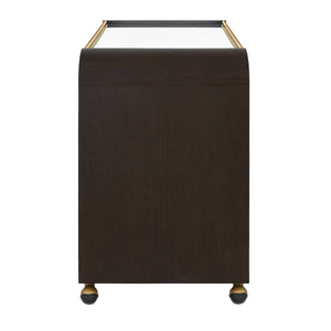 WATERFALL EDGE BAR CART WITH ANTIQUE BRASS RAILS IN ESPRESSO OAK