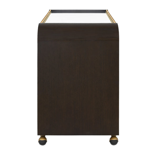 WATERFALL EDGE BAR CART WITH ANTIQUE BRASS RAILS IN ESPRESSO OAK