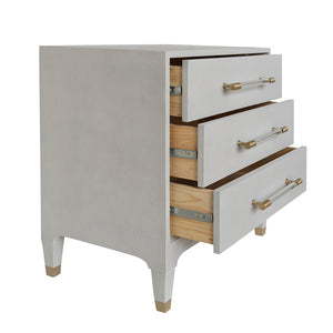 THREE DRAWER SIDE TABLE IN LIGHT GREY SHAGREEN WITH ANTIQUE BRASS AND ACRYLIC HARDWARE