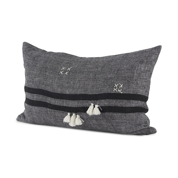 Sibyl 13L x 21W Black Fabric Striped and White Fringed Decorative Pillow Cover