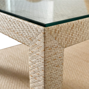 TWO DRAWER SIDE TABLE WITH OPEN TOP SHELF IN NATURAL GRASSCLOTH WITH POLISHED BRASS KNOBS