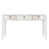 CURVED FRONT CONSOLE WITH THREE DRAWERS IN TEXTURED WHITE LINEN WITH SATIN BRASS RING HARDWARE AND GLASS TOP