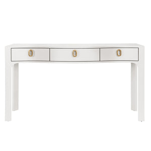 CURVED FRONT CONSOLE WITH THREE DRAWERS IN TEXTURED WHITE LINEN WITH SATIN BRASS RING HARDWARE AND GLASS TOP