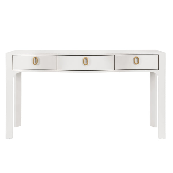 CURVED FRONT CONSOLE WITH THREE DRAWERS IN TEXTURED WHITE LINEN WITH SATIN BRASS RING HARDWARE AND GLASS TOP