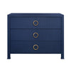THREE DRAWER CHEST WITH ANTIQUE BRASS CIRCLE HARDWARE IN TEXTURED NAVY LINEN
