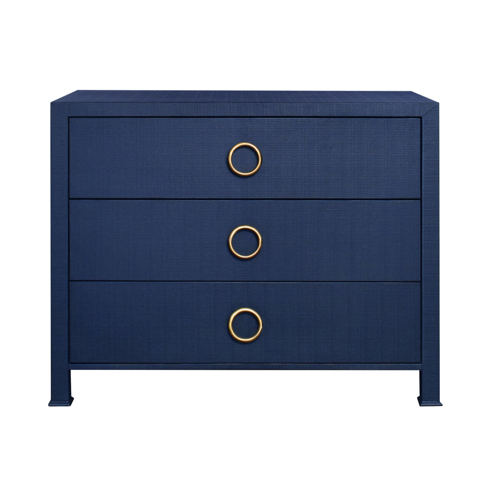 THREE DRAWER CHEST WITH ANTIQUE BRASS CIRCLE HARDWARE IN TEXTURED NAVY LINEN