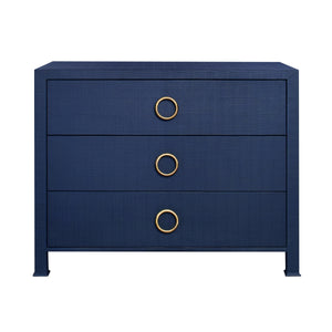 THREE DRAWER CHEST WITH ANTIQUE BRASS CIRCLE HARDWARE IN TEXTURED NAVY LINEN