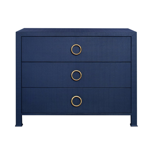 THREE DRAWER CHEST WITH ANTIQUE BRASS CIRCLE HARDWARE IN TEXTURED NAVY LINEN
