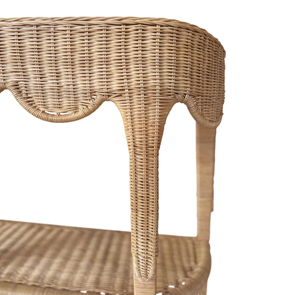 SCALLOPED TOP DEMI LUNE CONSOLE IN WOVEN RATTAN WITH OPEN SHELF