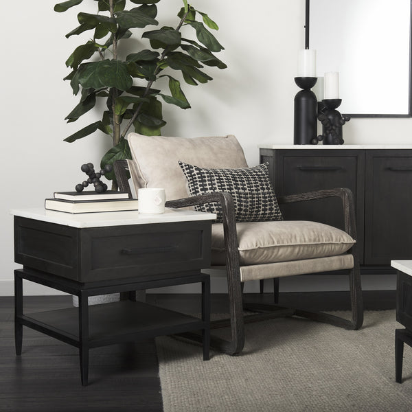 Divina Black-Brown Wood w/ White Marble Top and Black Metal Base 1 Drawer Side Table