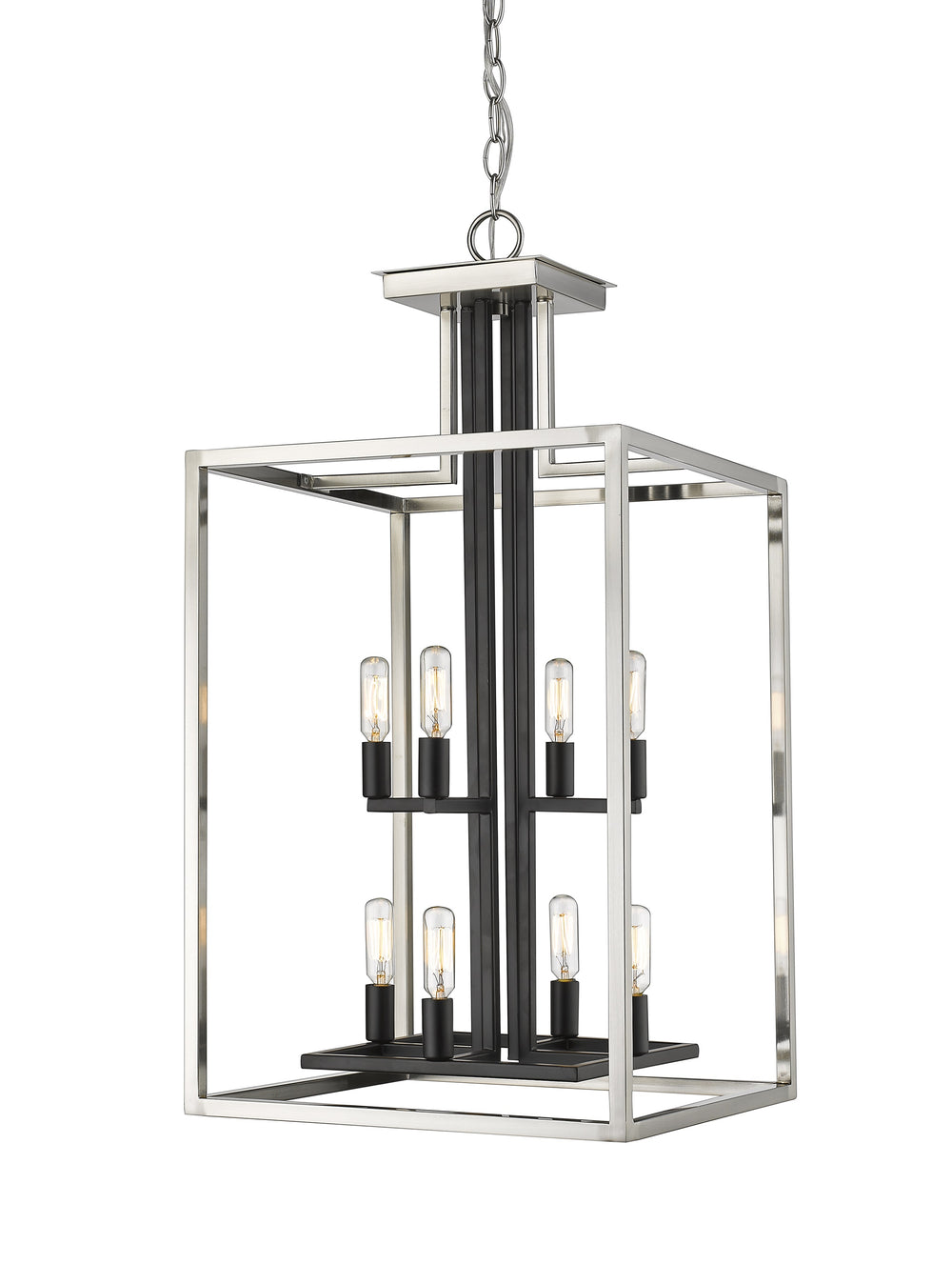 Quadra 8 Light Chandelier in Brushed Nickel + Black Finish