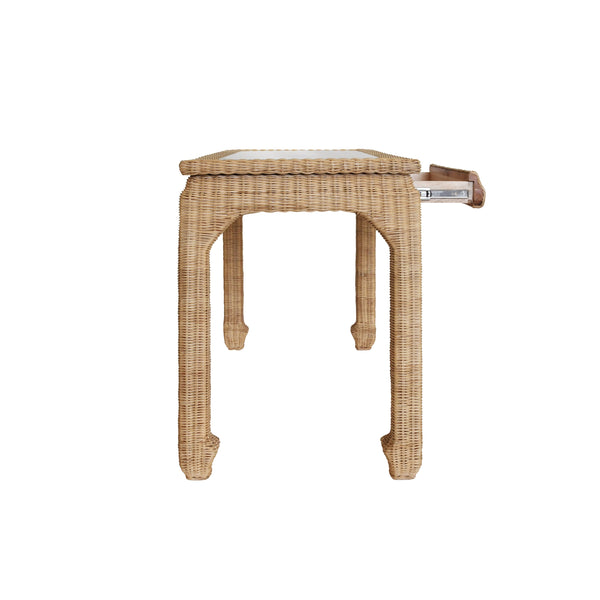 ONE DRAWER MING STYLE DESK IN WOVEN RATTAN WITH GLASS TOP