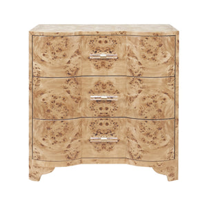 THREE DRAWER SIDE TABLE IN BURL WOOD WITH ACRYLIC HARDWARE