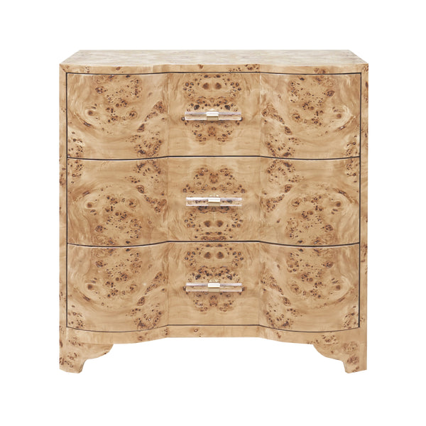 THREE DRAWER SIDE TABLE IN BURL WOOD WITH ACRYLIC HARDWARE