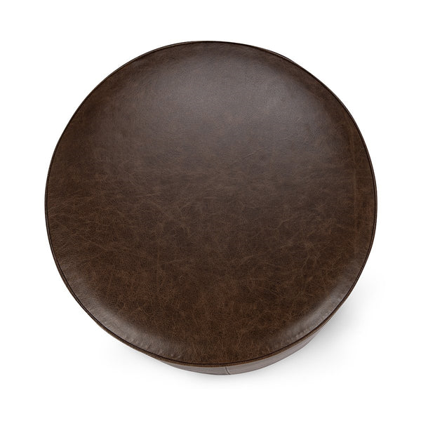 Claire Round Leather Ottoman, Iron Base - Dark Brown