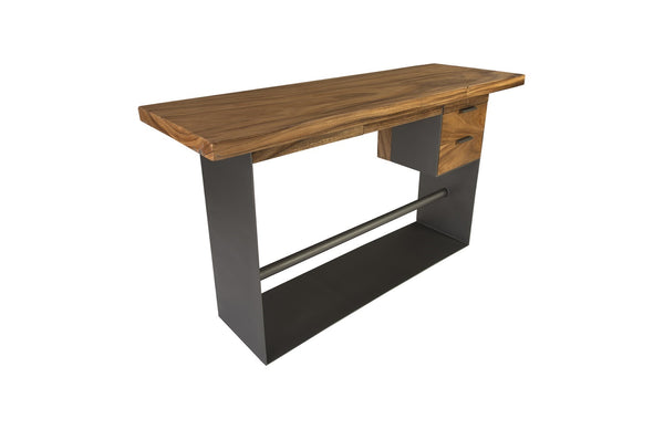 Iron Frame Standing Desk with Drawers, Chamcha Wood, Natural, Bar Height 
