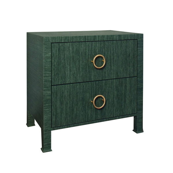 TWO DRAWER SIDE TABLE WITH ANTIQUE BRASS CIRCLE HARDWARE IN DYED GREEN GRASSCLOTH