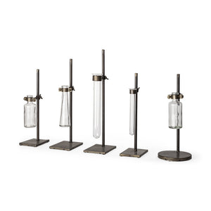 Jarvis Set of Five Dark Brown Metal and Glass Chemistry Inspired Bottles