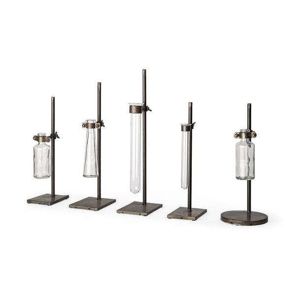 Jarvis Set of Five Dark Brown Metal and Glass Chemistry Inspired Bottles