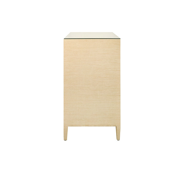FOUR DRAWER CHEST IN NATURAL GRASSCLOTH WITH GLASS TOP
