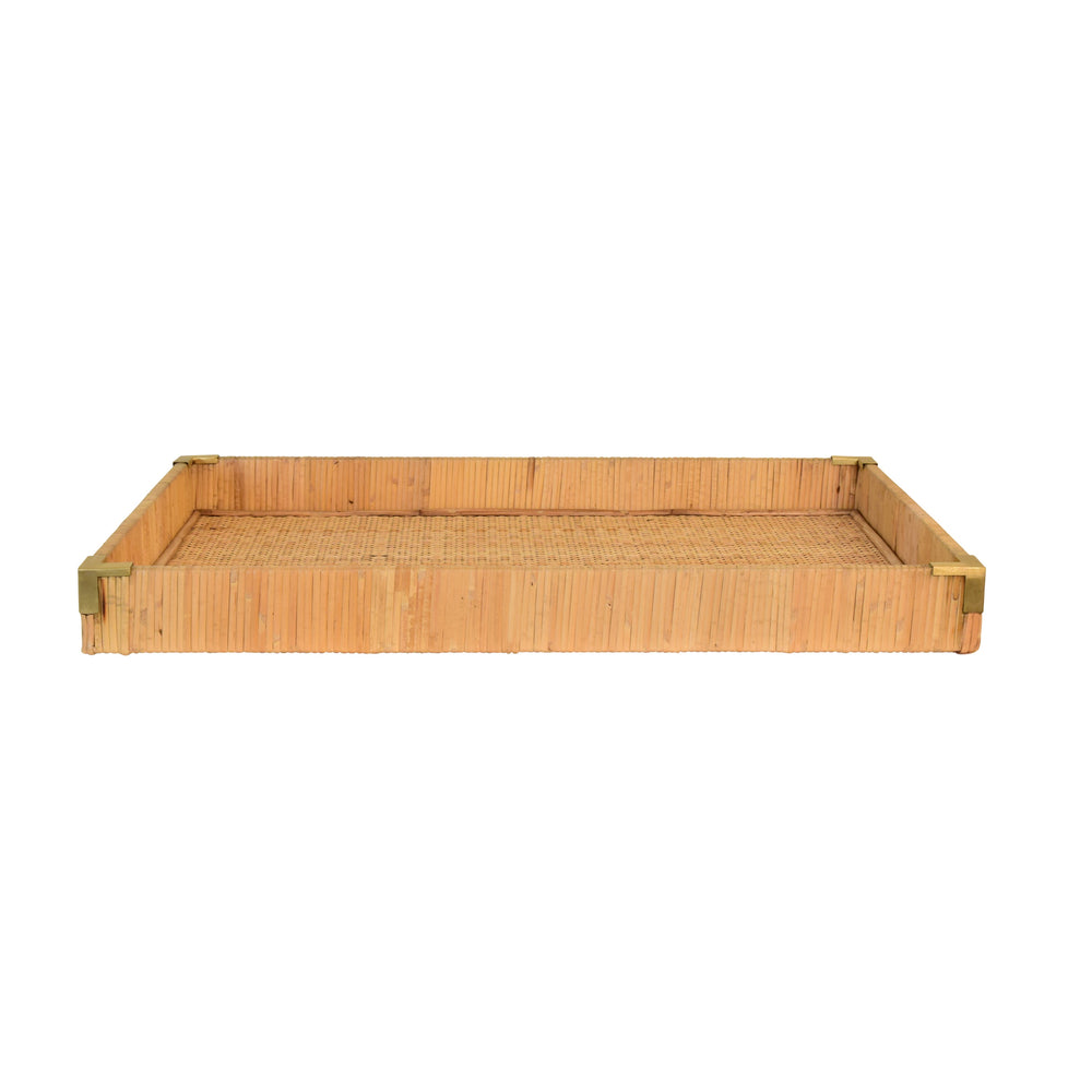 LARGE RECTANGULAR NATURAL RATTAN WRAPPED TRAYS WITH BRASS CORNERS