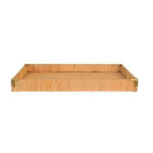 LARGE RECTANGULAR NATURAL RATTAN WRAPPED TRAYS WITH BRASS CORNERS