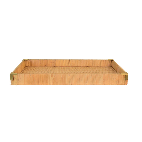 LARGE RECTANGULAR NATURAL RATTAN WRAPPED TRAYS WITH BRASS CORNERS