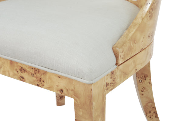 CURVED BACK WOODEN DINING CHAIR IN BURL WOOD WITH PERFORMANCE WHITE LINEN UPHOLSTERY