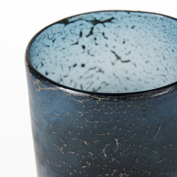 Caspian II Short Blue Glass Antiqued Brass Bottom Vase