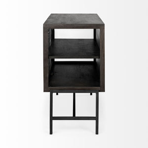 Arelius  36L x 18W Black-Brown Wood, Black Metal Base w/ 2 Glass Doors Accent Cabinet