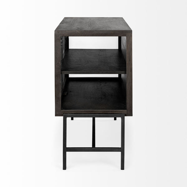 Arelius  36L x 18W Black-Brown Wood, Black Metal Base w/ 2 Glass Doors Accent Cabinet