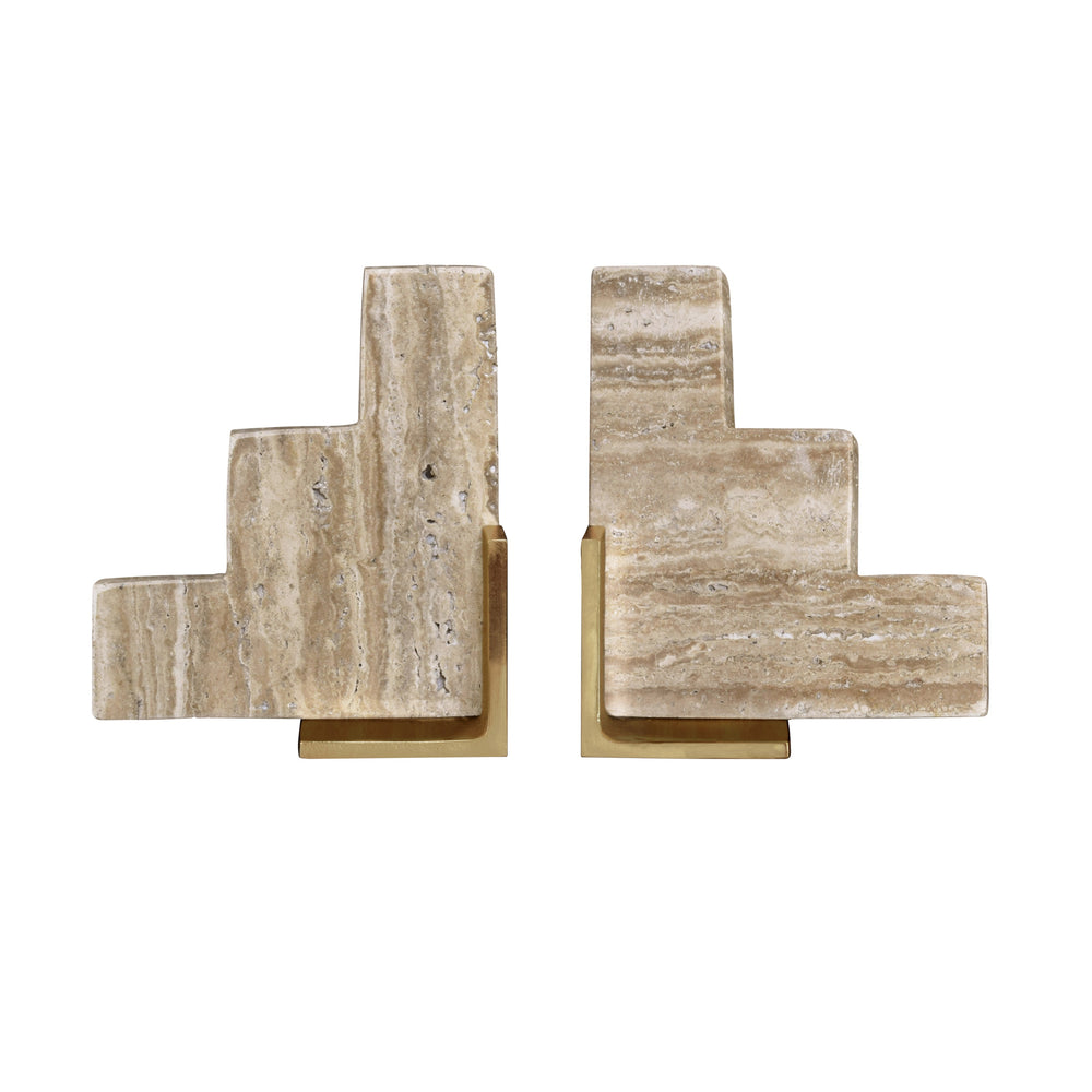 PAIR OF NATURAL TRAVERTINE STAIR STEP BOOKENDS WITH BRASS DETAIL