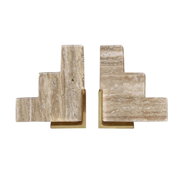 PAIR OF NATURAL TRAVERTINE STAIR STEP BOOKENDS WITH BRASS DETAIL