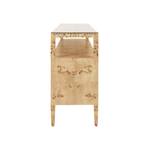 SIX DRAWER CONSOLE WITH OPEN SHELF IN BURL WOOD WITH POLISHED BRASS KNOBS