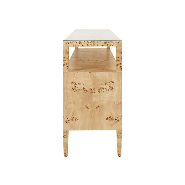 SIX DRAWER CONSOLE WITH OPEN SHELF IN BURL WOOD WITH POLISHED BRASS KNOBS