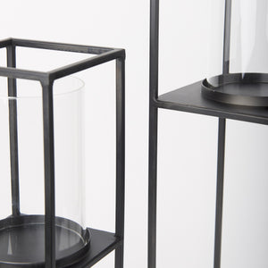 Cindy Set of 2 Matte Black Metal and Hurricane Glass Pillar Tabletop Candle Holders