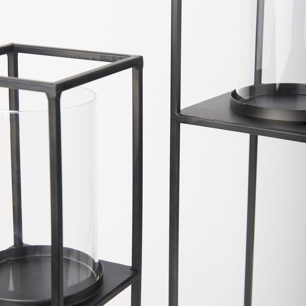 Cindy Set of 2 Matte Black Metal and Hurricane Glass Pillar Tabletop Candle Holders
