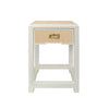 ONE DRAWER SIDE TABLE WITH MATTE WHITE LACQUER FRAME AND NATURAL GRASSCLOTH DRAWER FRONTS