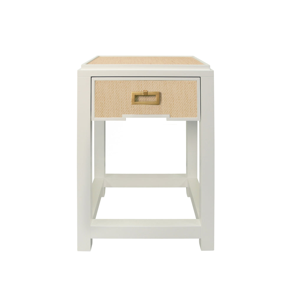 ONE DRAWER SIDE TABLE WITH MATTE WHITE LACQUER FRAME AND NATURAL GRASSCLOTH DRAWER FRONTS