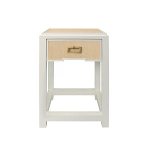 ONE DRAWER SIDE TABLE WITH MATTE WHITE LACQUER FRAME AND NATURAL GRASSCLOTH DRAWER FRONTS