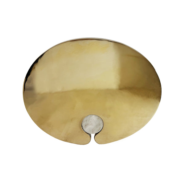 OVAL SIDE TABLE WITH BRASS TOP AND WHITE MARBLE PEDESTAL BASE