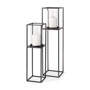 Cindy Set of 2 Matte Black Metal and Hurricane Glass Pillar Tabletop Candle Holders