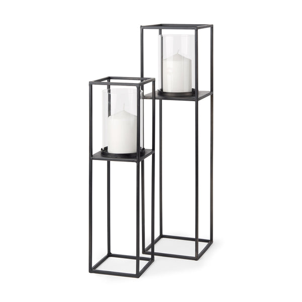 Cindy Set of 2 Matte Black Metal and Hurricane Glass Pillar Tabletop Candle Holders