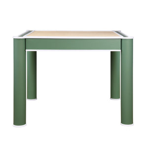 SQUARE TWO DRAWER ROUND LEG GAME TABLE IN MATTE GREEN LACQUER WITH MATTE WHITE LACQUER EDGING