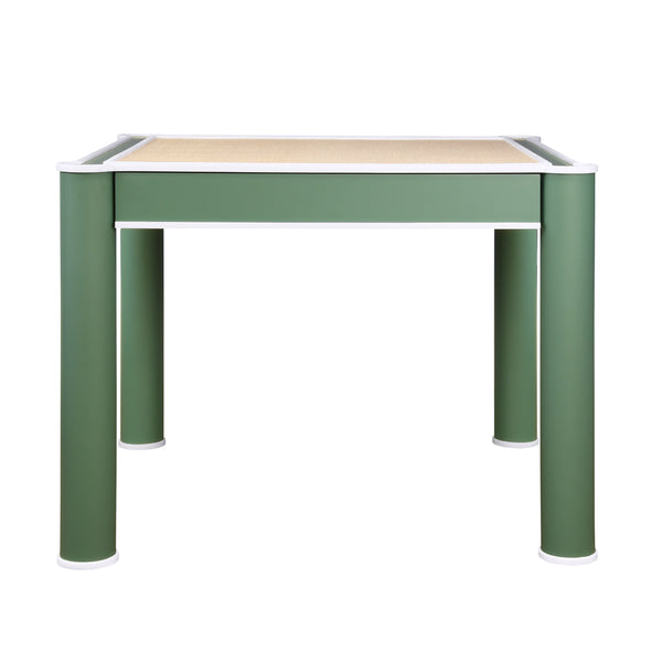SQUARE TWO DRAWER ROUND LEG GAME TABLE IN MATTE GREEN LACQUER WITH MATTE WHITE LACQUER EDGING