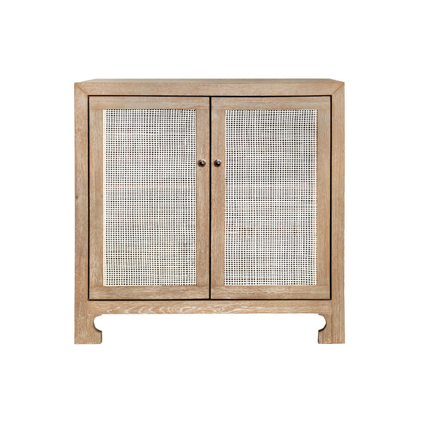 TWO DOOR CANE CABINET WITH BRASS HARDWARE IN CERUSED OAK