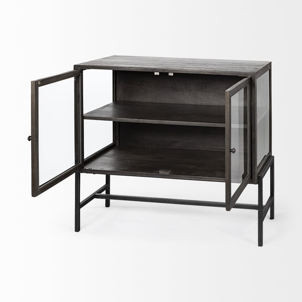 Arelius  36L x 18W Black-Brown Wood, Black Metal Base w/ 2 Glass Doors Accent Cabinet